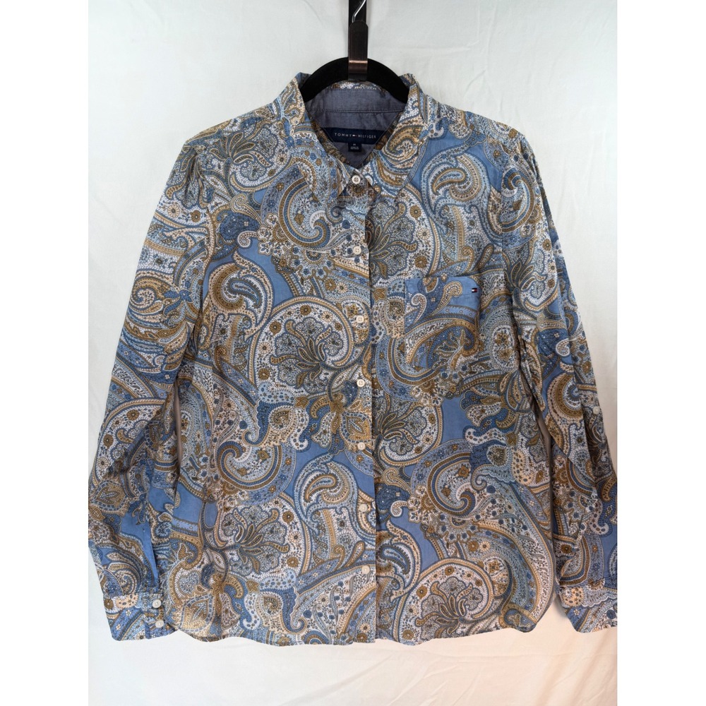 Tommy Hilfiger Womens Blue Paisley Cotton Long Sleeve Button Down Shirt Size M